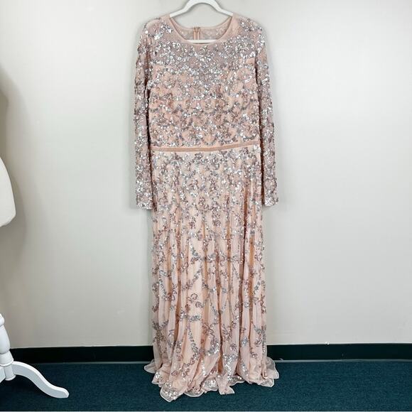 Mac Duggal Pink Embellished Illusion High Neck Long Sleeve A Line Gown Size 18 - Picture 2 of 13